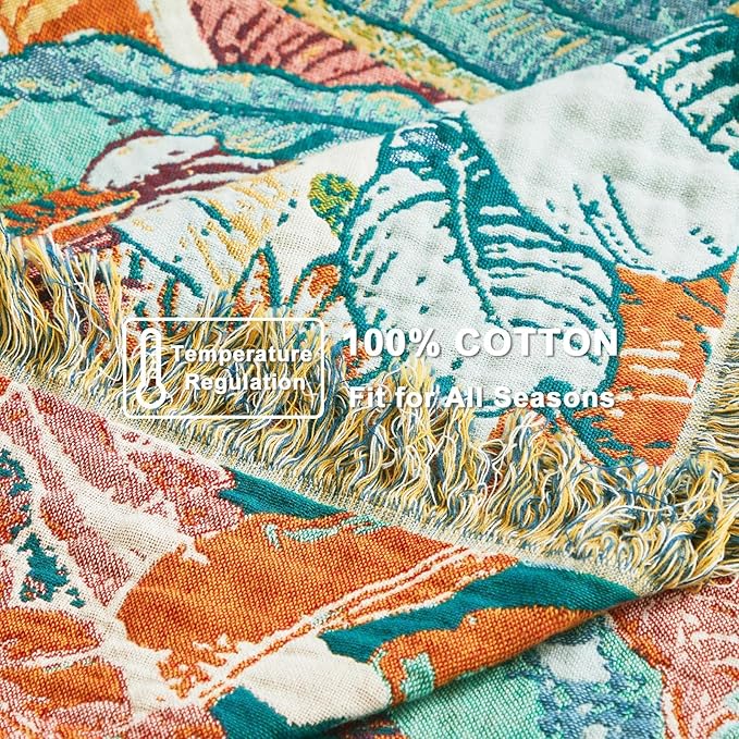 Boho Throw Blanket for Bed Cotton Spring Blankets Twin Size for Bedroom Living Room All Season Lightweight Botanical Floral Embroidery Quilt for Couch Sofa Chair 60"x80" Home Decor