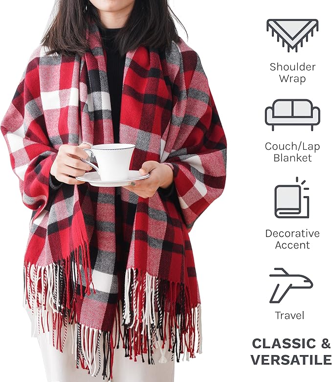 BATTILO HOME Christmas Red Plaid Throw Blanket for Couch, Bed, Super Soft Red Plaid Scarf, Throw Blanket, Christmas Decorative Throw with Tassels 50"x60"