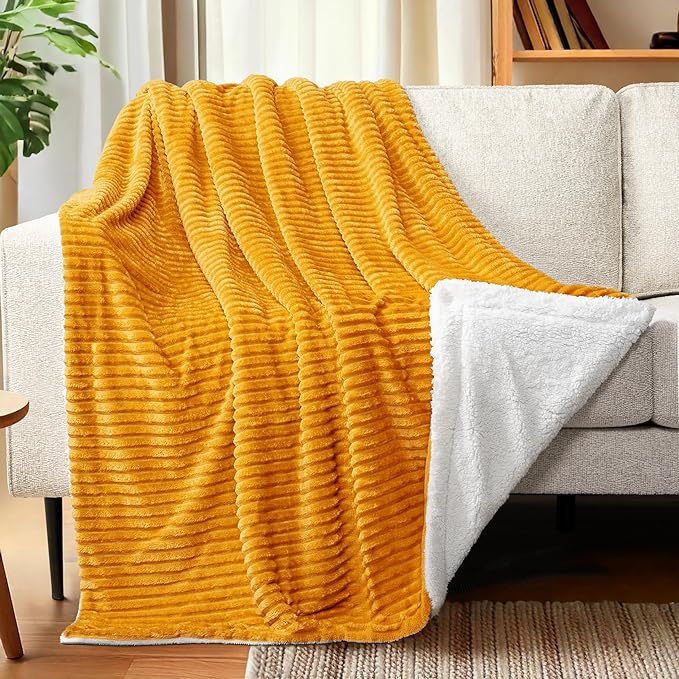 PAVILIA Mustard Yellow Sherpa Fleece Throw Blanket for Couch Twin, Soft Plush Fuzzy Blankets, Fluffy Flannel Sherpa Blanket for Bed, Warm 3D Ribbed Winter Blanket Gift, 60x80 inches