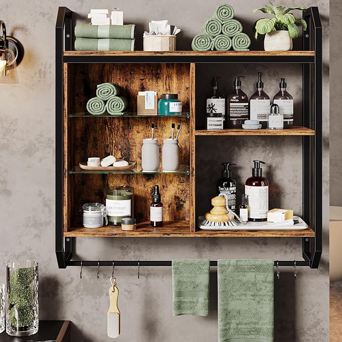 Bestier LED Kitchen Floating Shelves, 34" Industrial Pipe Shelves with Adjustable Glass Shelves, Wall Mounted Shelf with 6 S-Hook Towel Bar, Wine Coffee Bar Rack for Room Decor Rustic Brown