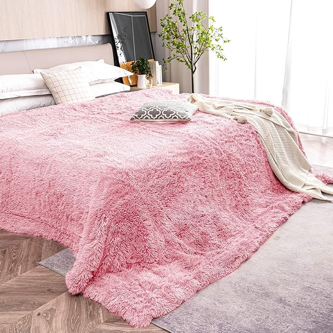 Pawque Blankets Queen Size for Bed - Sherpa Fleece Faux Fur Fluffy Blanket for Women Men, Luxury Super Soft Decorative Throw for Sofa Couch Chair, Bright Pink 90x90 inches