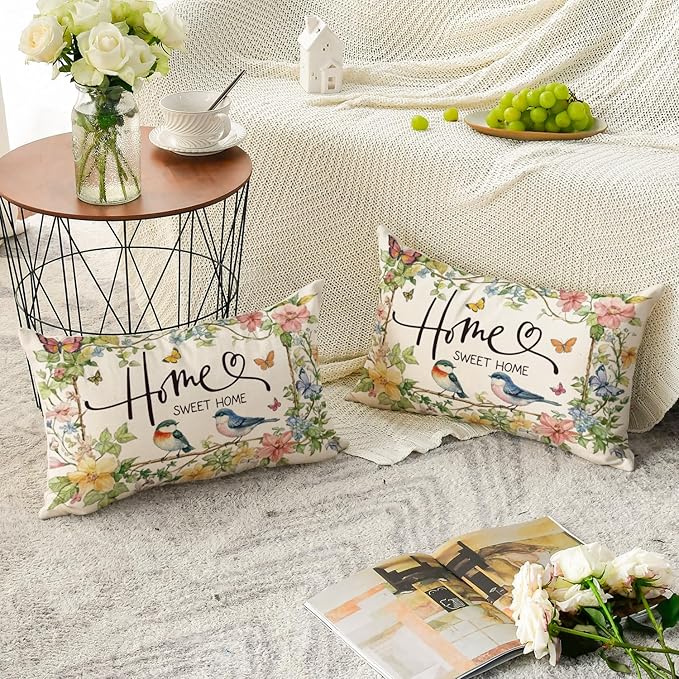 AVOIN colorlife Home Sweet Home Birds Floral Throw Pillow Covers, 12 x 20 Inch Spring Summer Flowers Cushion Case Decoration for Sofa Couch Living Room Bedroom Decor Set of 2