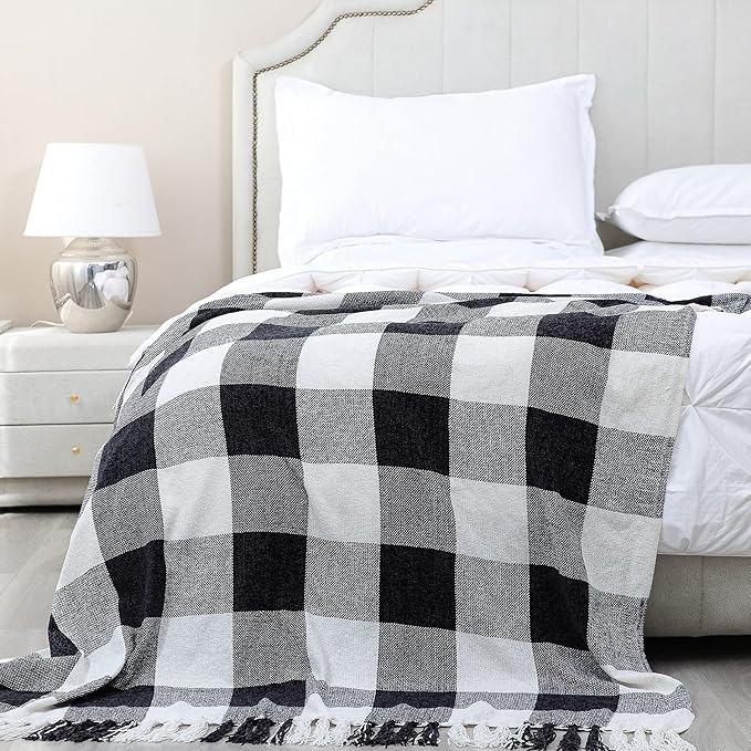 Black White Buffalo Plaid Decor Blanket, Lightweight Soft Chenille Check Knitted Rustic Farmhouse Throw with Tassels for Couch Sofa Chair Bed Office Home, Black and Ivory, 50" x 60"