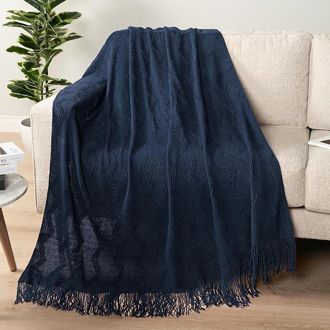 PAVILIA Navy Blue Knit Throw Blanket for Couch, Twin Bed, Soft Knitted Farmhouse Sofa Throw for Living Room, Lightweight Decorative Summer Blanket for Chair, Outdoor Textured Boho Blanket, 60x80