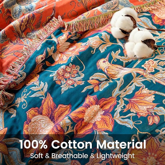 Boho Throw Blanket 60"x80" 100% Cotton Twin Bird Blanket, Breathable Lightweight Spring Decorative Reversible Blankets with Fringe for Couch Vintage Decor