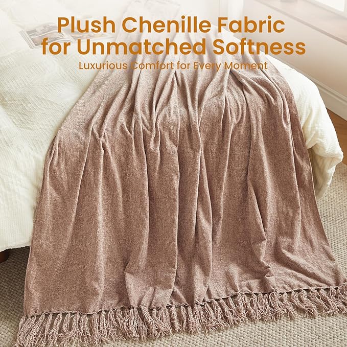 Light Taupe Chenille Throw Blanket for Couch Bed，Soft Cozy Throw Blanket with Handmade Fringe, Decorative Blanket for Sofa Chair Living Room for Gift (Light Taupe,60 x 80)