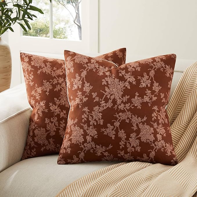 100% Cotton French Pastoral Throw Pillow Covers Set of 2, 22x22 Inch Background/Terracota Farmhouse Decorative Cushion Covers for Sofa Bed Living Room Home Decor