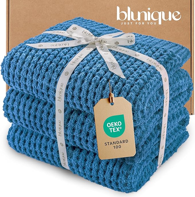 Waffle Knit Twin Blanket, Luxury Cozy Chunky Knit Twin Blanket for Couch, 60 x 80 Inch Thick Ultra-Soft Feather Yarn Knitted Blankets for Sofa, Bed, Home Decor - Blue