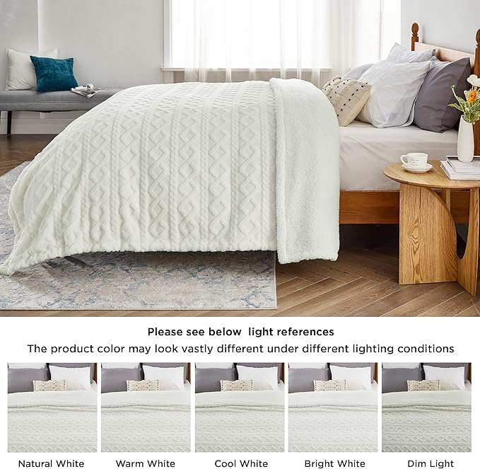 Bedsure Gentlesoft Sherpa Fleece Blanket Twin Size for Bed - Fluffy & Cozy Cable Jacquard Tufted for Women Gift, Thick and Warm Christmas Blanket for Winter, Cream, 60x80 Inches
