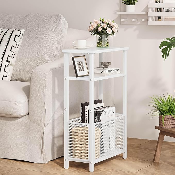 Narrow Side Table with Storage Basket Skinny End Tables for Smalls Spaces 3 Tier Sofa Table Small Nightstand Slim Bedside Table for Living Room Bedroom White MLBZ22W
