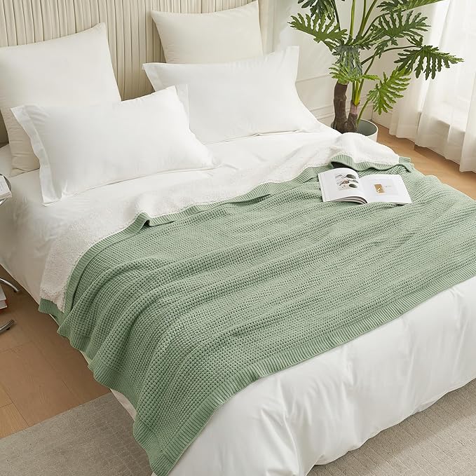 Amélie Home Reversible Waffle Weave Throw Blanket, Chenille Knit with Warm Sherpa, Soft Cozy Blanket for Bed, 60"x80", Sage Green