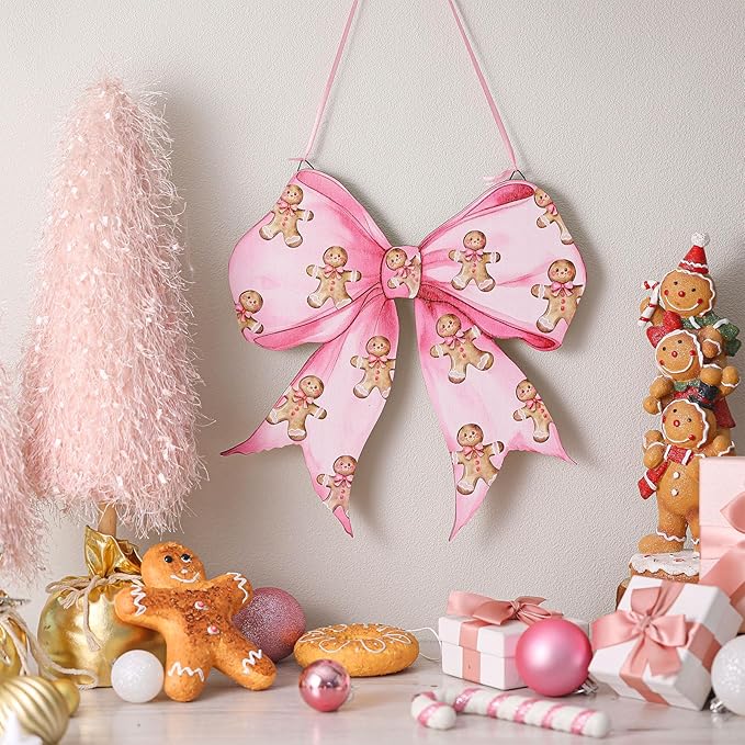 RattanView Pink Christmas Gingerbread Man Coquette Bows Wooden Hanging Sign Cute Preppy Aesthetic Wall Art Bowknot Welcome Door Sign Cute Season Decor for Xmas Room Decor