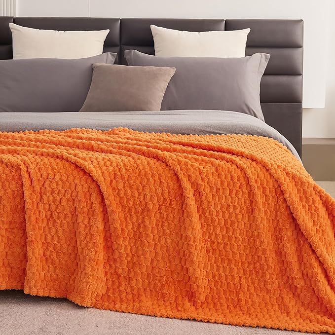Super Soft Fleece King Size Blanket 90x102 Inches for Bed, Premium Silky with 3D Imitation Turtle Shell Jacquard Decorative Blankets, Lightweight and Cozy for Living Room.Orange