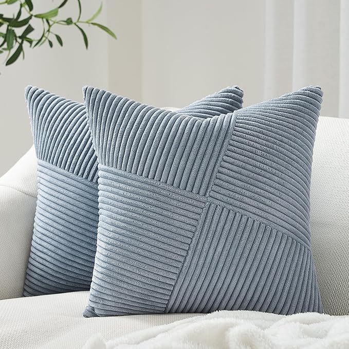 Topfinel 22x22 inches Dustyblue Euro Pillow Shams Set of 2 Corduroy Decorative Throw Pillow Covers for Bedroom Living Room, Windmill Textured Striped Patchwork Couch Pillow Covers 55x55 cm