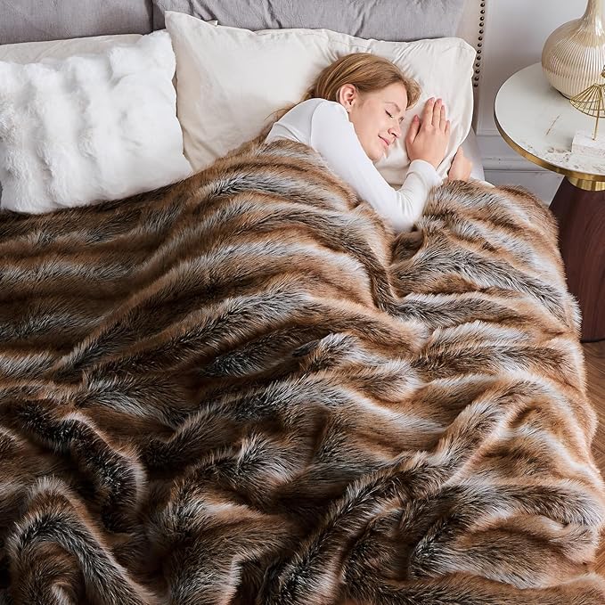 NEWCOSPLAY Faux Fur Throw Blanket Luxury Fluffy Thick Warm Blanket for Couch Sofa Bed 1000GSM (Stripe Dark Brown Thick, Throw(50"x60"))