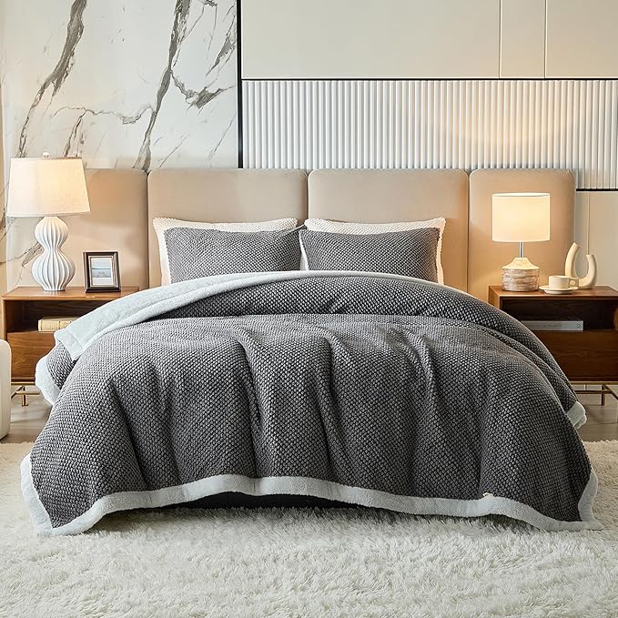Luxury Flannel Fleece Sherpa Blankets Twin Size for Bed, Jacquard Boho 3-Layer Thick and Warm Blanket for Winter, Soft Cozy Fuzzy Plush Velvet Blanket with 2 Pillow Cases, Grey, 68x86 Inches
