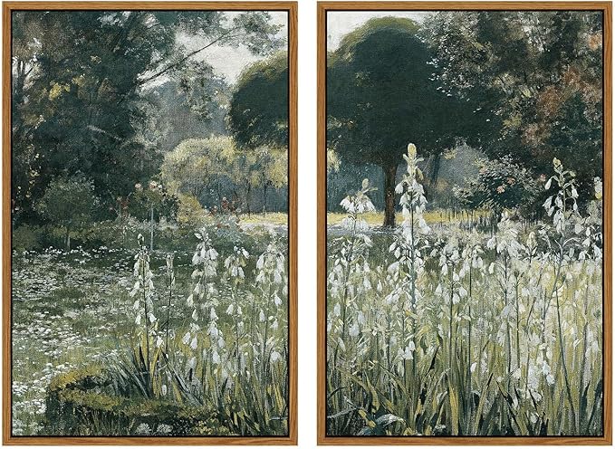 InSimSea 2 Pcs Framed Wall Art Vintage Decor, Vivid Greens Countryside Paintings Above Bed Wall Decor, Canvas Prints, Living Room,Bedroom,Office Retro Farmhouse Decorations, 16x24inch, Set of 2