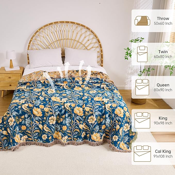 Boho Throw Blanket King, 100% Organic Cotton Breathable Ultra Soft 91" x 98" Bed Quilt Throw - All Season Floral Rustic Farmhouse Decor Reversible Blanket for Sofa Couch Chair and Gift