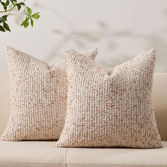 Allorry Decorative Couch Throw Pillow Covers 16x16 Set of 2 Beige Striped Soft Wool Pillow Covers Neutral Textured Boho Cushion Covers for Modern Farmhouse Sofa Bedroom Living Room Decor SY012-A16