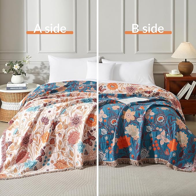 Boho Throw Blanket for Bed 60”x80”, 100% Cotton Woven Blanket for Couch Sofa, Ultra Soft 4-Layer Muslin Quilt with Floral Printed, Farmhouse Bed Blanket/Cover for Living Room Decor