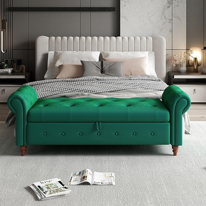 Aoowow Rolled Arm Storage Benches for Bedroom End of Bed Ottoman Bench 63" Long Bench with Storage and Seating for Living Room,Entryway,Window,Button Tufted with Solid Wood Legs (Velvet Green)