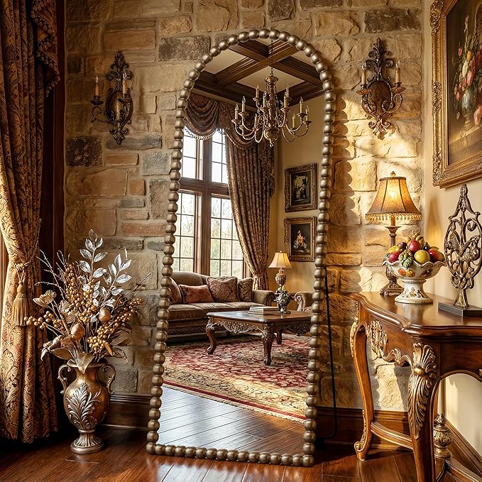 Antok 57" x 21" Arched Full Length Mirror, Antique Beaded Frame Floor Standing or Wall Mounted Mirror with Stand for Bedroom, Entryway, Bronze, Luxury Style
