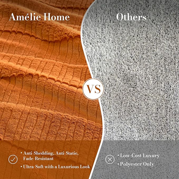 Amélie Home Luxury Striped Faux Fur Throw Blanket for Bed Queen Size, Soft Cozy Fuzzy Fluffy Plush Gift Blankets for Women, 88"x90", Brown