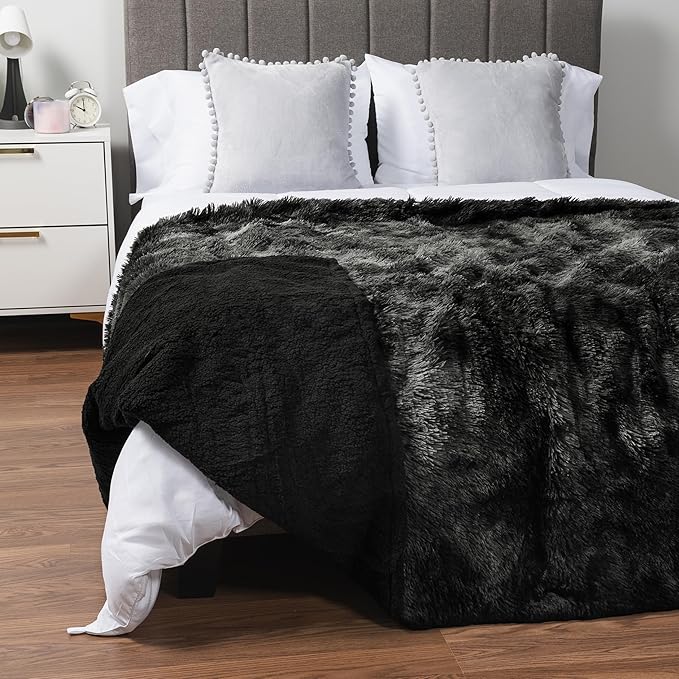 PAVILIA Black Fluffy Faux Fur Sherpa Throw Blanket, Twin Size, Tie-Dye, 60x80