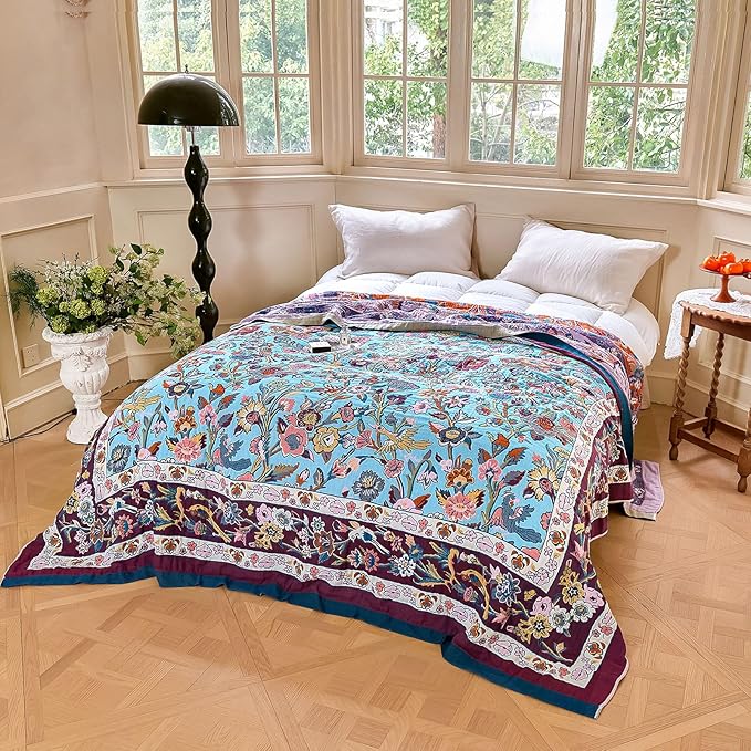 Boho Throw Blanket - 100% Cotton Ultra Soft Muslin Blanket, 60"x80" Lightweight Framhouse Bedding Spring Blanket for Bed, All Season Blue and Purple Floral Bohemian Bedroom Home Decor Quilt