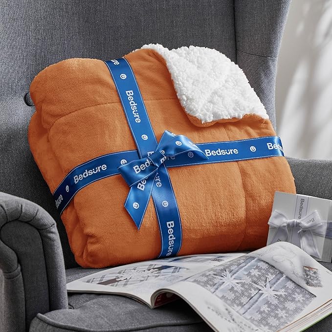 Bedsure GentleSoft Sherpa Fleece Blankets King Size for Bed, Non-Heated, Thick and Warm Throw for Women and Men, Soft Fuzzy Plush King Blanket for Winter, Burnt Orange, 108x90 Inches