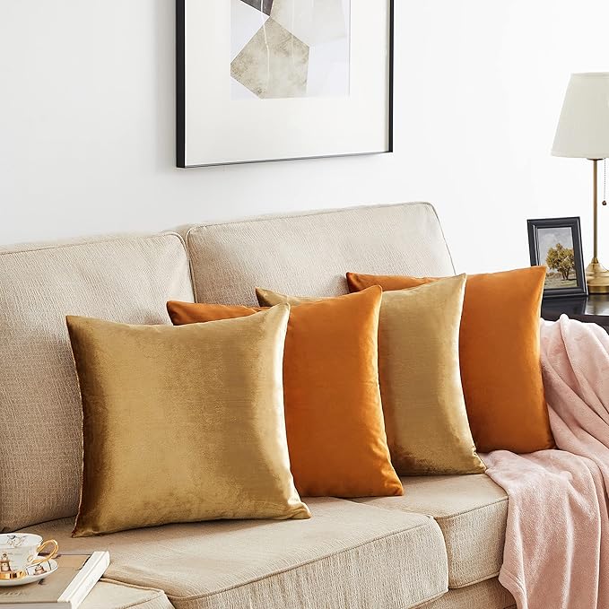 GIGIZAZA Pillow Covers 16x16 Set of 4,Gold Orange Velvet Soft Pillow Covers Decorative Square Modern Pillows Cushion Cases for Living Room