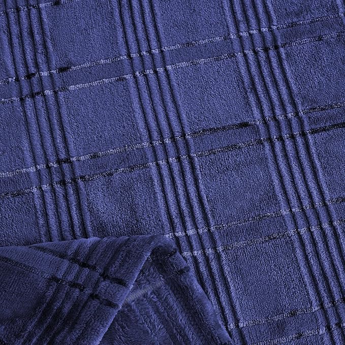 Super Soft Flannel Queen Blanket 90x90 Inches, Premium Checkered Jacquaed Silky Fleece Lightweight Bed Blanket All Season Use, Navy Blue Strip, 90"x90"