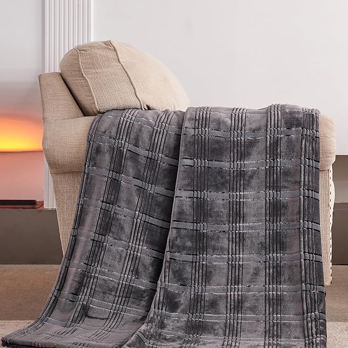 Super Soft Flannel Queen Blanket 90x90 Inches, Premium Checkered Jacquaed Silky Fleece Lightweight Bed Blanket All Season Use, Dark Grey Strip, 90"x90"