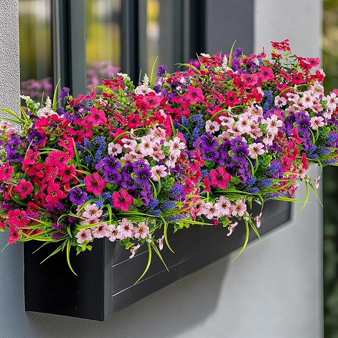 Artificial Flowers for Outdoors Fake Plants - 16 Bundles Faux Outside Greenery Boxwood No Fade Plastic Shrubs Fall Decor Farmhouse Home Garden Thanksgiving Mums (Mix White Purple Pink)