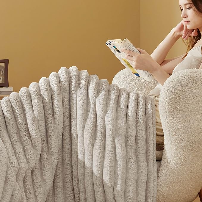 Bedsure Twin Blanket for Couch - 350GSM Super GentleSoft Fuzzy Fluffy Cozy Blankets for Women, Cute Small Plush Fleece Throws for Girls, Linen，60x80 Inches, Wider Striped Design