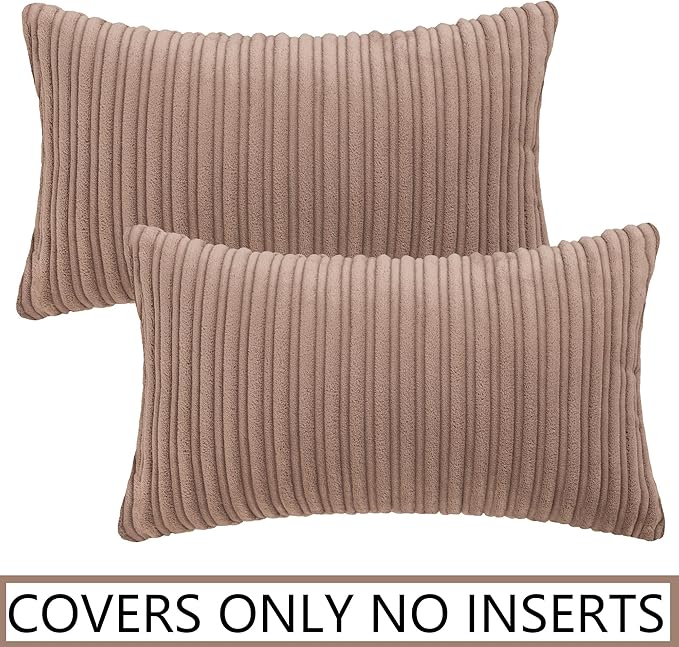UGASA Fall Soft Velvet Stripe Decorative Lumbar Pillow Covers Set of 2 Solid Corduroy Textured Euro Oblong Cushion Cases for Couch Bedroom Sofa Farmhouse, 12x20 Inch, Light Brown