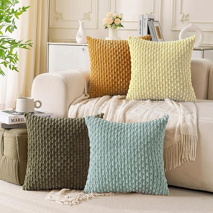 Set of 4 Pale Yellow Decorative Throw Pillow Covers 18x18 Inch Corduroy Pillow Covers for Bed Couch Sofa Living Room Soft Square Cushion Cases