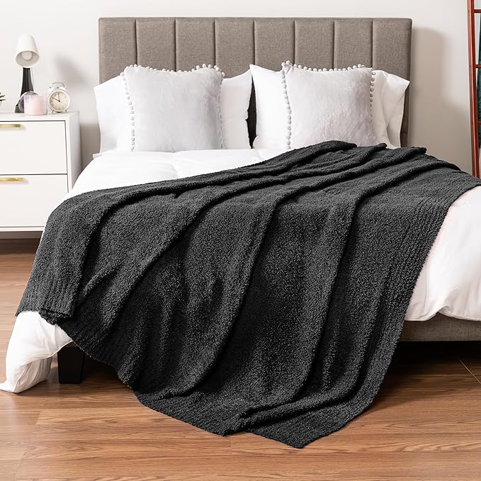 PAVILIA Super Soft Throw Blanket for Couch, Fluffy Cozy Lightweight Black Blanket, Large Fuzzy Warm Knit Blanket for Bed Sofa, 60x80