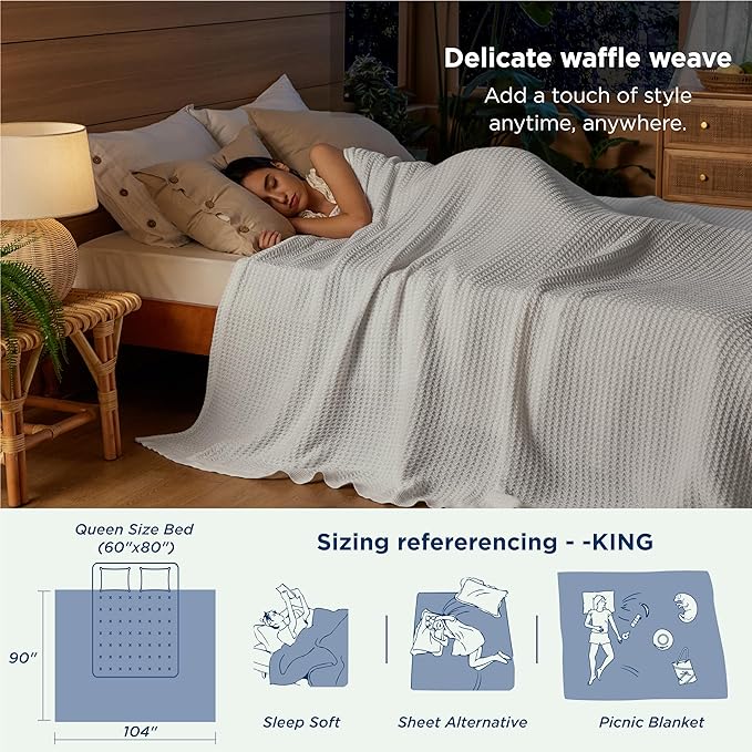 Bedsure Gentlesoft 100% Cotton Blanket King Size for Bed - Cooling Breathable and Soft for Spring Summer, Thick Cozy Waffle Weave Blanket Gifts for Women, White, 104x90 inches