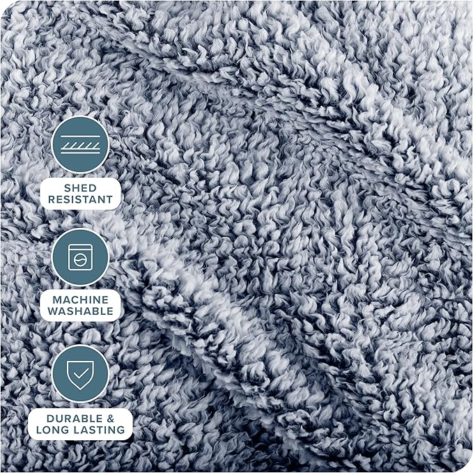 Bare Home Faux Shearling Blanket - Blanket for Bed, Sofa, Couch, Camping, Travel, and Gifts - Warm & Lightweight - Fluffy & Soft (Twin/Twin XL, Tipped Dark Blue)
