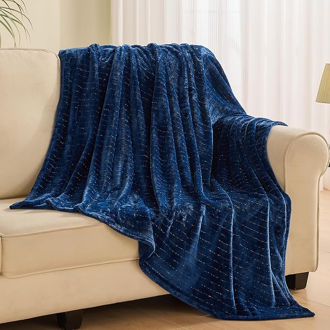 Super Soft Flannel Throw Blanket 50x60 Inches, Premium Gold Glitter Stripes Silky Fleece Lightweight Bed Blanket All Season Use, Navy Blue, 50"x60"