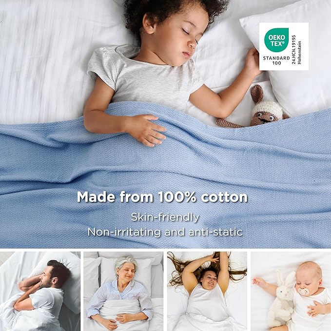 Bedsure GentleSoft 100% Cotton Large Throw Blanket for Couch 50x70 inches - Breathable and Lightweight, Soft Cozy Herringbone Woven Cotton Throw for Summer, Ashley Blue Office Chair Blanket