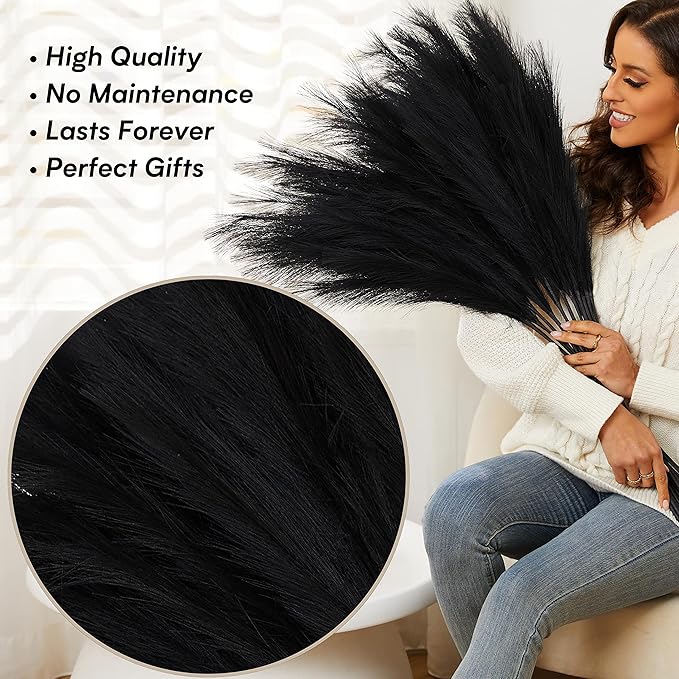 Black Pampas Grass, 9 PCS 37''/3.1FT Tall Fluffy Fake Pompas Floral, Large Artificial Pompous Grass Branches for Floor Vase Fillers, Boho Farmhouse Room Wedding Decor (Black)
