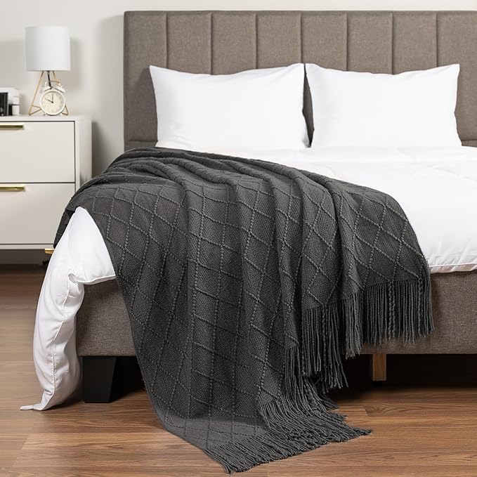 PAVILIA Dark Gray Knit Throw Blanket for Couch, Twin Bed, Soft Knitted Farmhouse Sofa Throw for Living Room, Lightweight Decorative Summer Blanket for Chair, Outdoor Textured Boho Blanket, 60x80