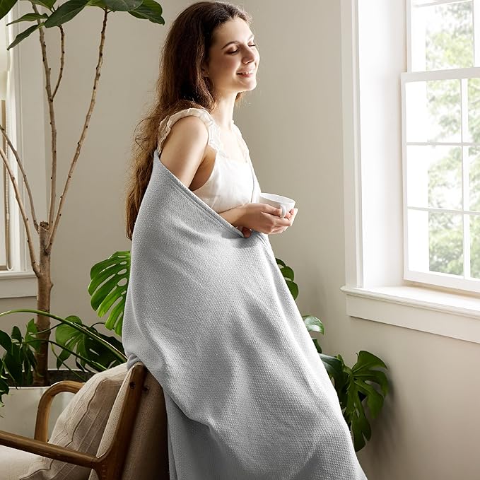 Bedsure GentleSoft 100% Cotton Blanket Twin XL Size for Bed - Breathable and Lightweight, Soft Cozy Textured Herringbone Woven Summer Blanket for College Dorm, Cool Grey, 66x90 inches