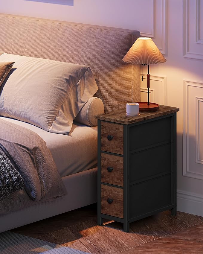 Narrow Side Table with 3 Fabric Drawers, Industrial Slim Bedside Table for Small Spaces, Bedroom, Living Room, Dormitory, Rustic Brown and Black TBZ09BF