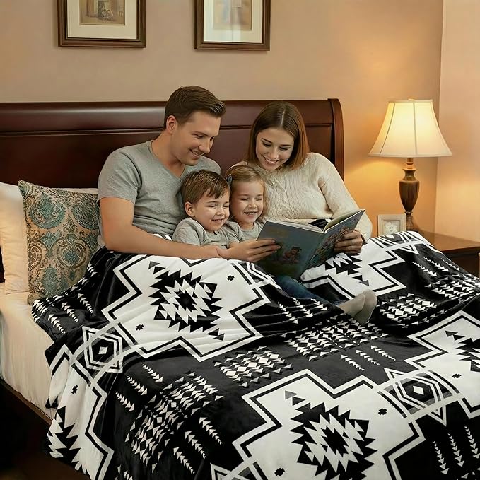 Fleece Blanket King - 104x90 Inch Lightweight & Buttery-Soft Throw for Bed, Sofa, Camping | 300GSM Cloud-Touch Microfiber | Cozy Essentials for Travel & Movie Nights, (Boho Black White)