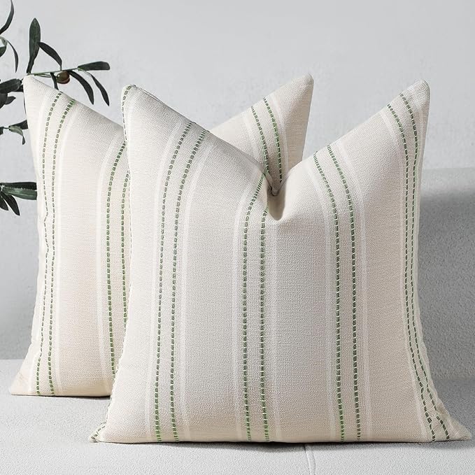 Hckot Spring Throw Pillow Covers 20x20 Set of 2 Green Striped Pillow Covers Decorative Pillows Square Cushion Covers for Sofa Couch Bed Living Room Farmhouse Decor,Sage Green