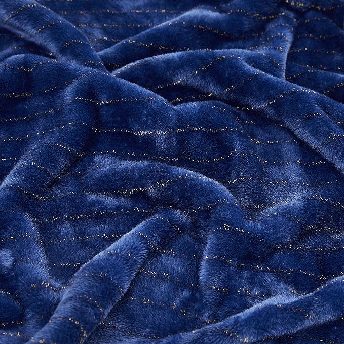 Super Soft Flannel Throw Blanket 50x60 Inches, Premium Gold Glitter Stripes Silky Fleece Lightweight Bed Blanket All Season Use, Navy Blue, 50"x60"