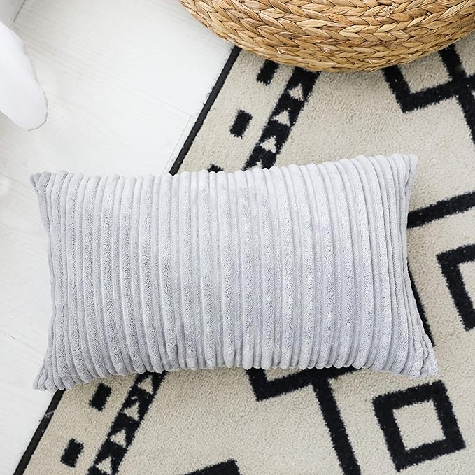 UGASA 14x20 Inch Christmas Pillow Cover Pack of 1 Soft Boho Stripe Corduroy Long Rectangle Lumbar Cushion Case Farmhouse Decorative Pilowcase for Bed, Couch, Sofa, Bedroom, Living Room, Light Grey